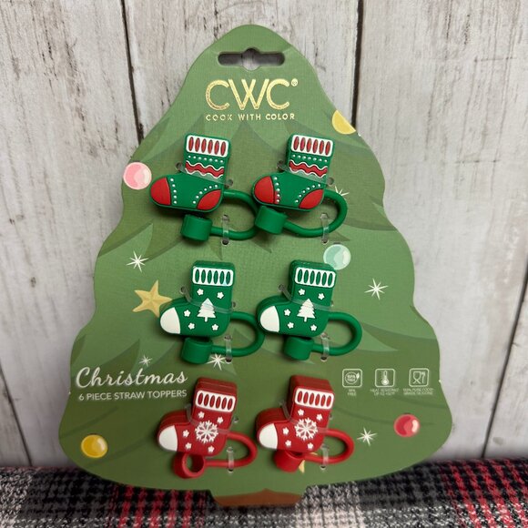 CWC Holiday Christmas Green & Red 6 Piece Silicone Stocking Straw Topper Set NWT - Picture 1 of 4
